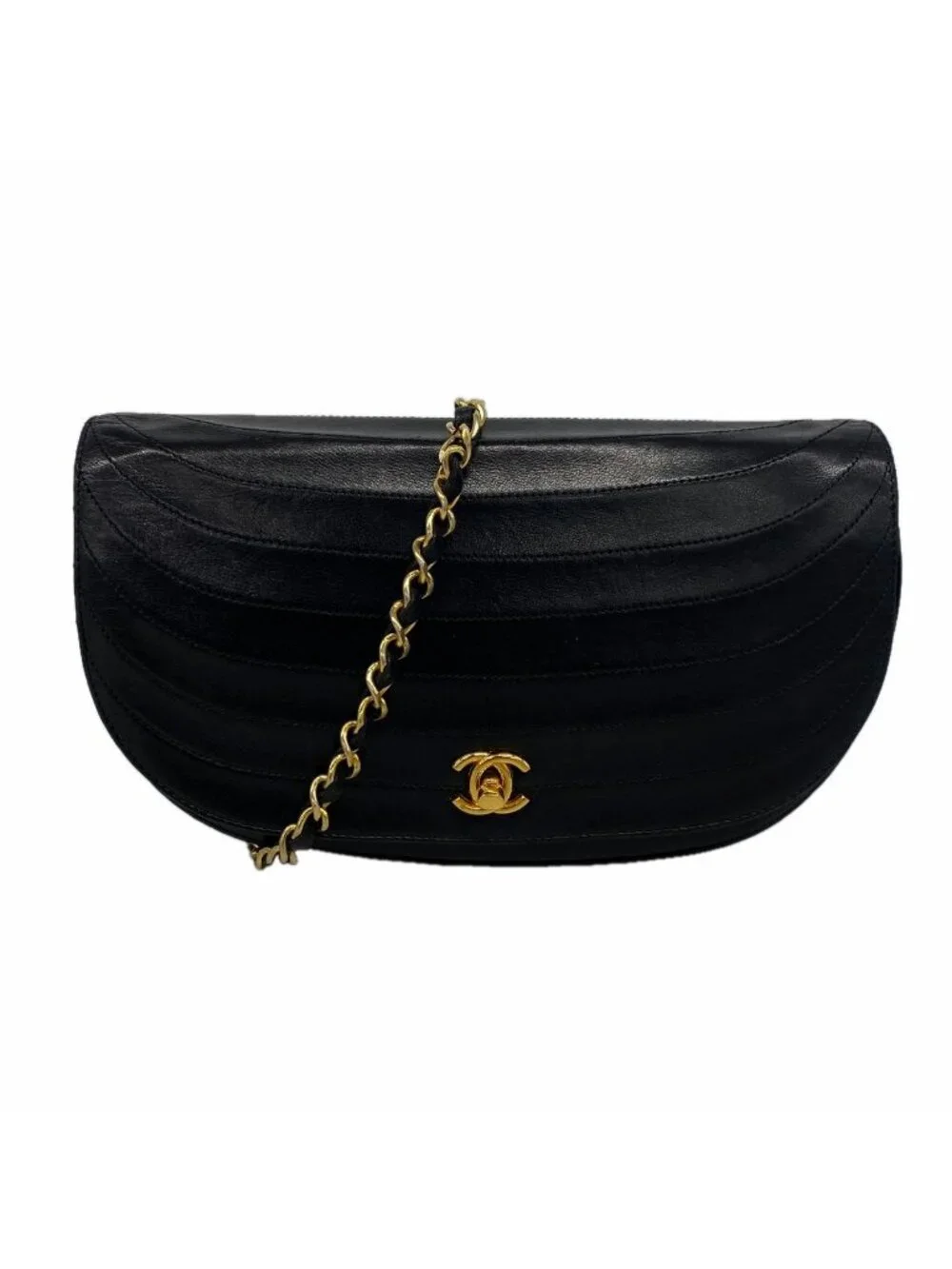 Chanel Shoulder Bag Half Moon Lambskin Black Gold